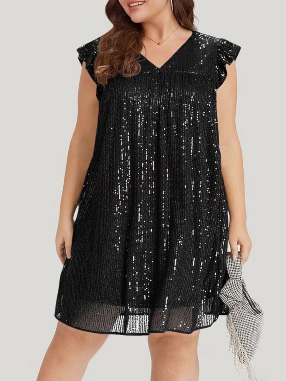 Black Sequin V-Neck Flutter Sleeve Dress